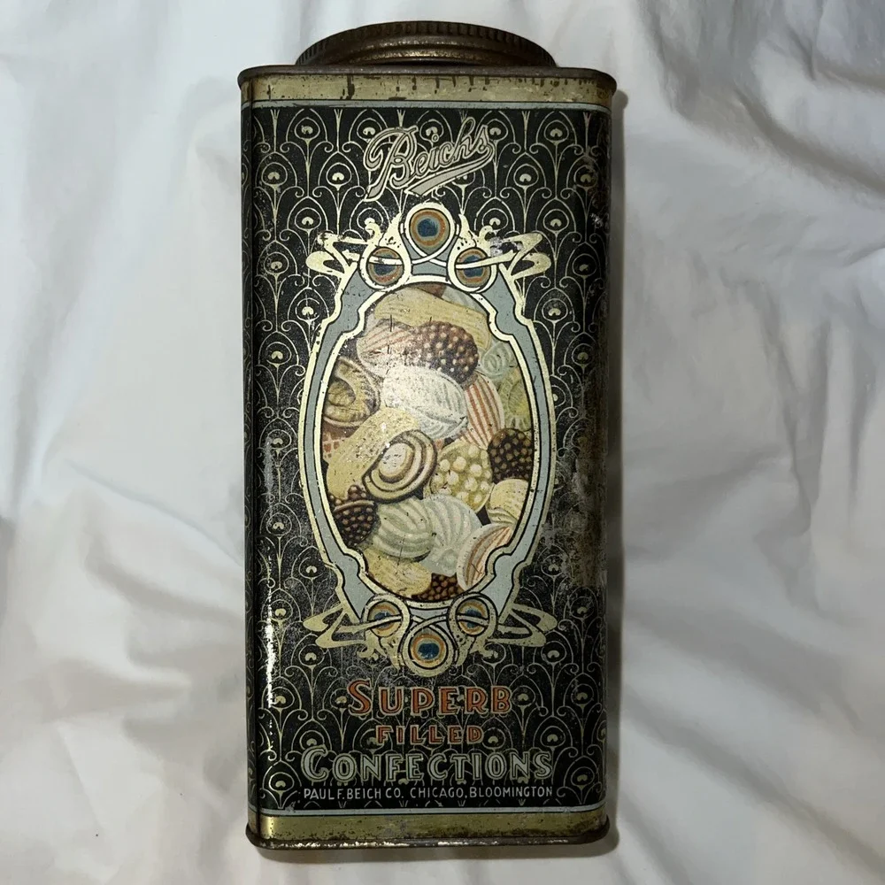 Vintage Metal Antique Advertising Tin Beichs Candy Confections Chicago peacock